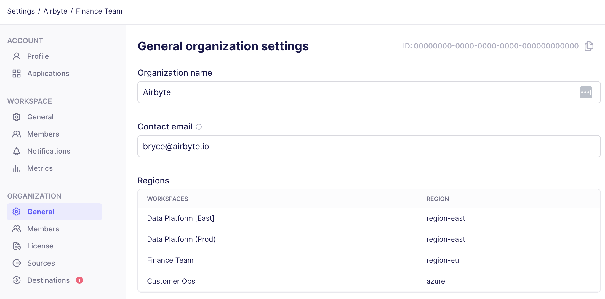 Multiple regions displayed in Airbyte&#39;s General Organization settings