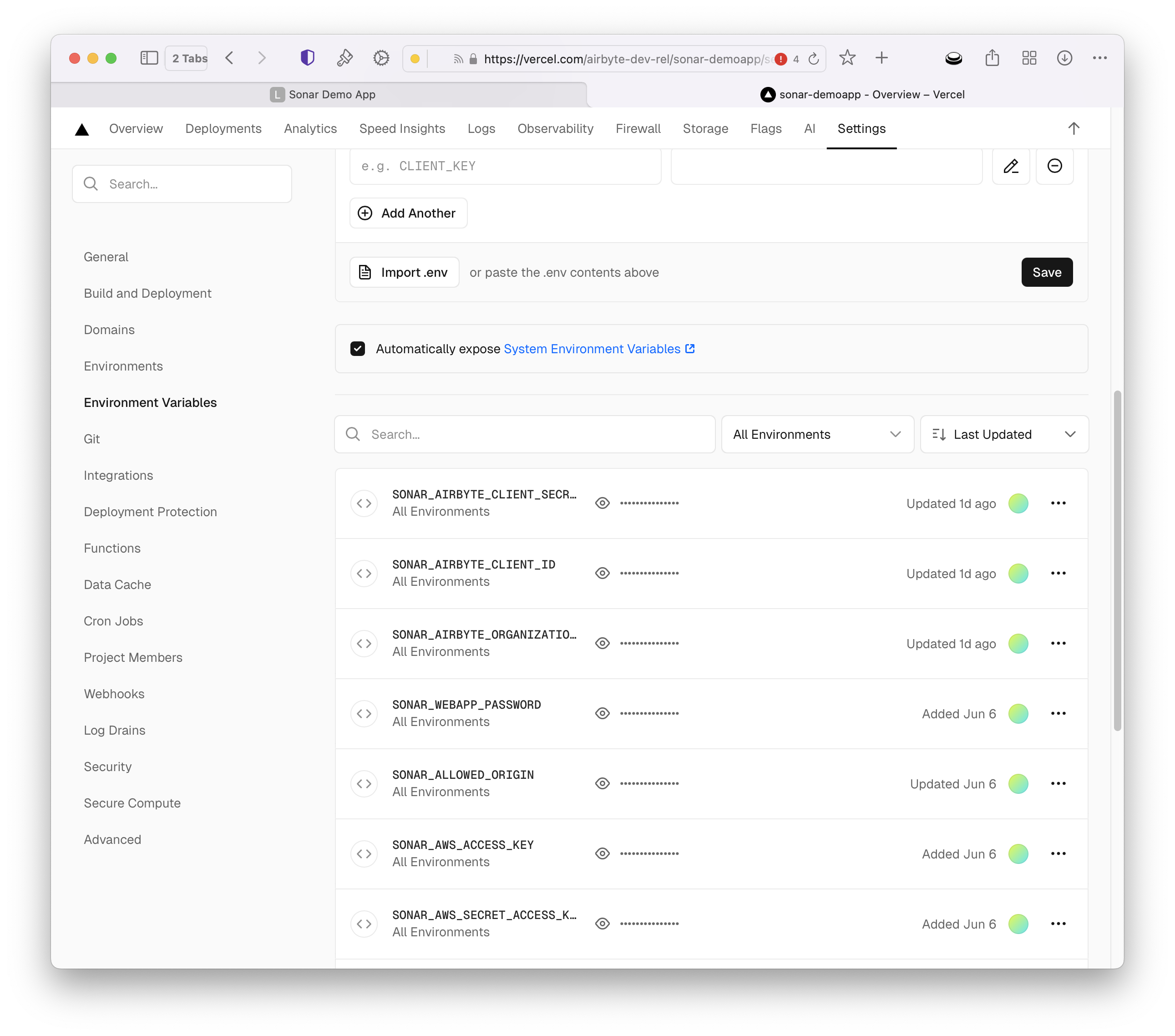 Vercel environment variables.
